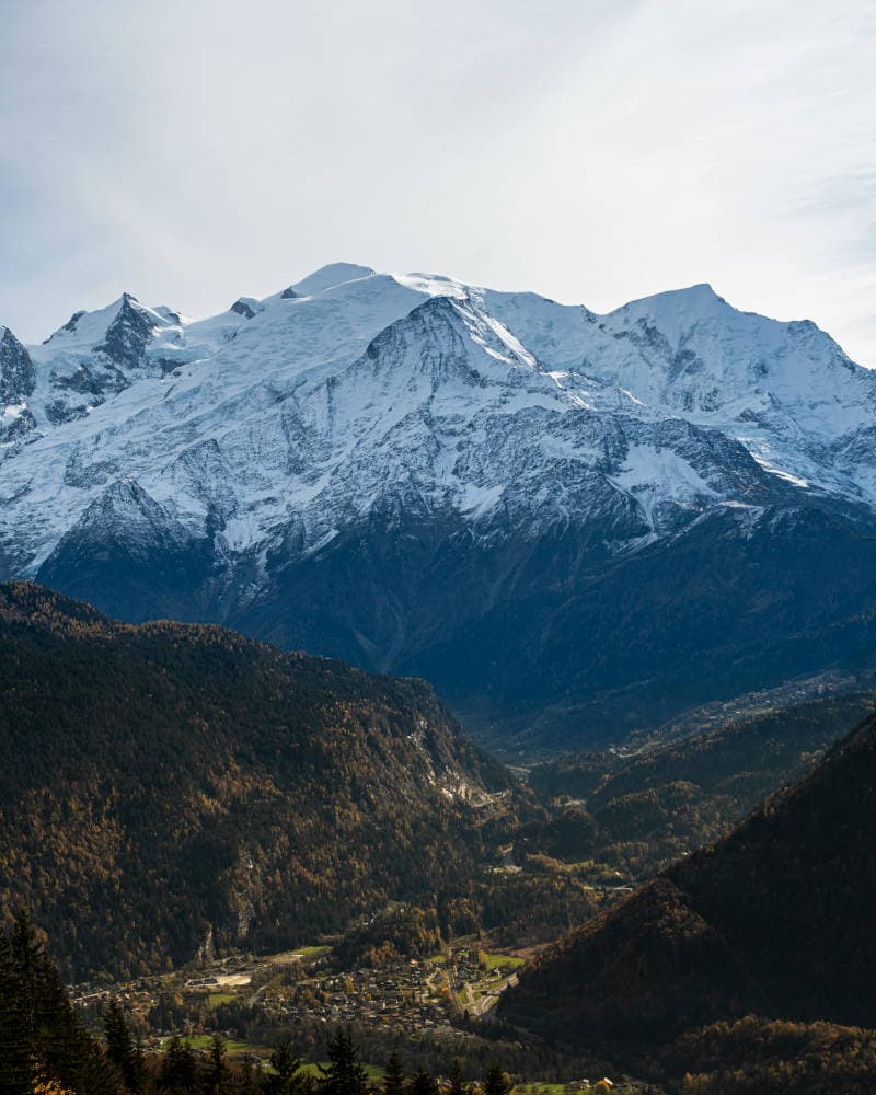 Panorama alpin du Tour du Mont-Blanc avec les glaciers du massif en arrière-plan