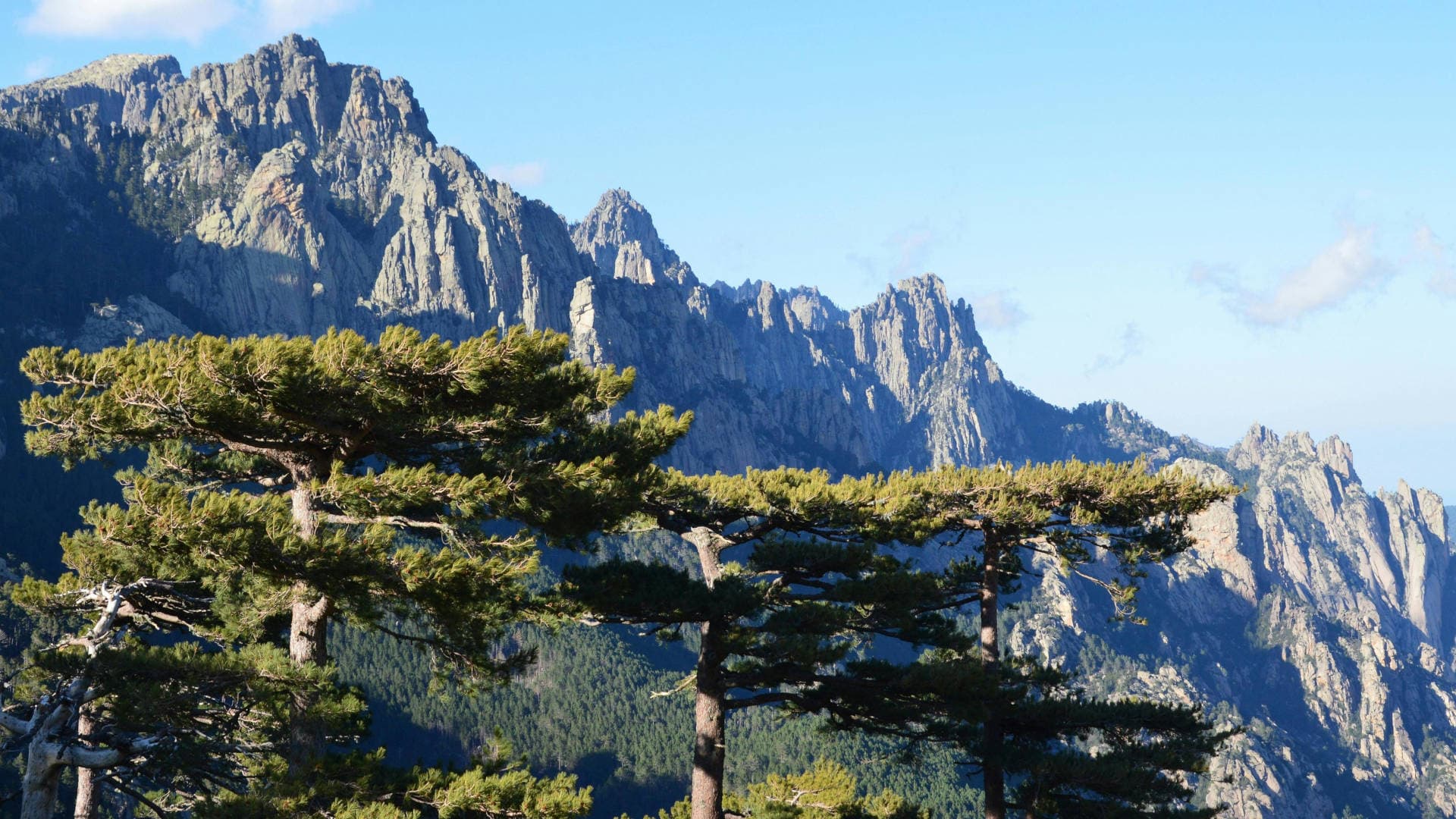 Vue panoramique sur les crêtes granitiques du GR20 en Corse