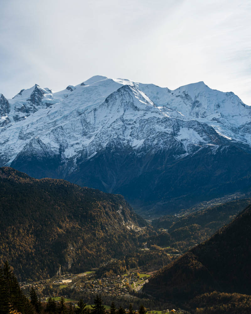 Panorama alpin du Tour du Mont-Blanc avec les glaciers du massif en arrière-plan